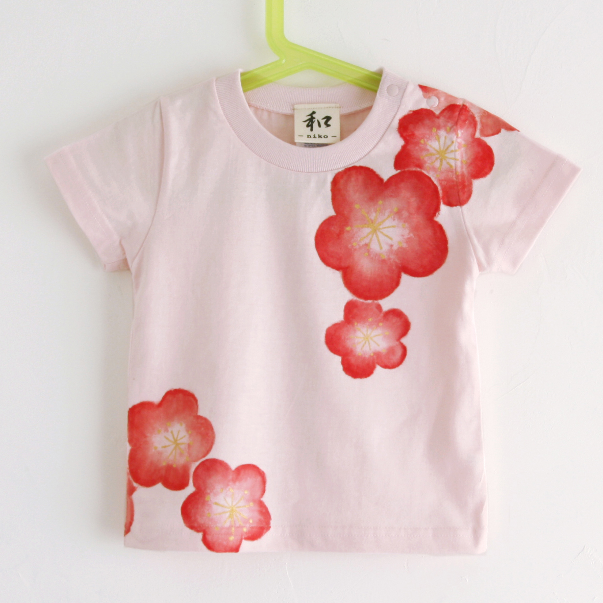 키즈 티셔츠, 사이즈 130, 분홍색, 매화무늬 티셔츠, 손으로 그린 매화 무늬 티셔츠, 짧은 소매, 일본식 디자인, 일본식, 복고풍, 수공, 상의, 반소매 티셔츠, 130(125~134cm)