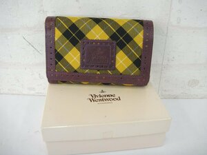9205T【本物保証】 Vivienne Westwood ヴィヴィアンウエストウッド 二つ折り財布 チェック柄×パープル L字ファスナー 牛革