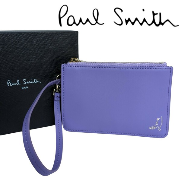 新品 ポールスミス Paul Smith フェイスグループ カードケース パスケース 定期入れ ライラック 牛革 羊革 ストラップ