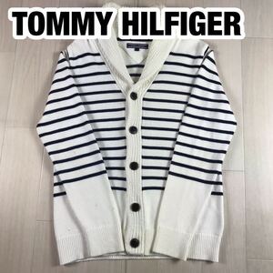 TOMMY HILFIGER トミー ヒルフィガー カーディガン ニット S ボーダー オフホワイト×ネイビー 刺繍ロゴ