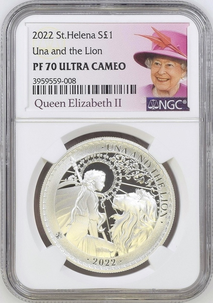 2022年 セントヘレナ ウナとライオン 1ポンド 1オンス 1oz プルーフ 銀貨 NGC PF70 ULTRA CAMEO 女王ラベル イギリス