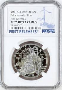 世界1枚 プラチナ 2021年 イギリス ブリタニア ライオン 100ポンド 1オンス プルーフ プラチナ貨 NGC PF70 ULTRA CAMEO First Releases