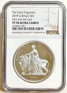 最高鑑定 2019年 イギリス ウナとライオン 5ポンド 2オンス プルーフ銀貨 NGC PF70 URTLA CAMEO ロイヤルミント Great Engravers