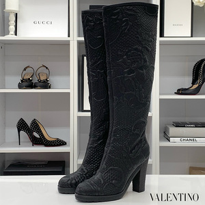 6600 Valentino leather flower long boots black 