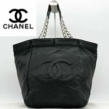 【美品】 CHANEL シャネル シールあり チェーンショルダーバッグ トートバッグ ココマーク キャビアスキン ブラック 黒 A4収納可能 1スタ_画像1