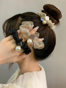 シフォンヘアゴム(5)フェイクパール装飾シュシュ3個