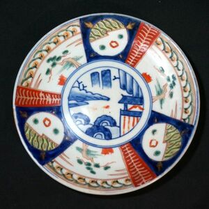  старый Imari фарфор somenishiki цветная роспись окно . ландшафт занавес конец Meiji 21.5cmX2.5cm антиквариат подлинная вещь изделие прикладного искусства керамика коллекция 