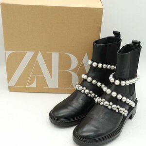 ザラ ショートブーツ サイドゴア レザー/パールモチーフ シューズ 靴 ブランド 黒 レディース 35サイズ ブラック ZARA