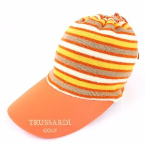 トラサルディ ニットキャップ つば付き ゴルフウエア ボーダー柄 防寒 帽子 ブランド レディース オレンジ TRUSSARDI