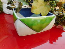 高級料亭使用　四角小鉢　緑×青デザイン　口取り　和え物　7客　陶器　和食器　新品_画像2