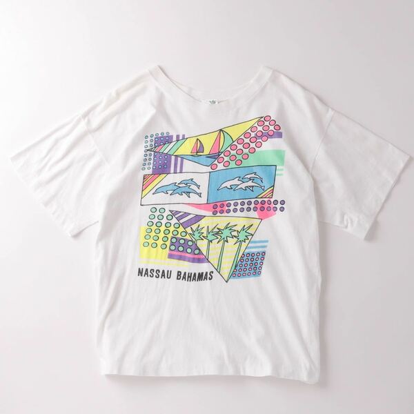 【美品】70s Vintage T-shirts NASSAU BAHAMAS made in USA Tee white ヴィンテージ Tシャツ イルカ アニマル プリント USA製 実寸M