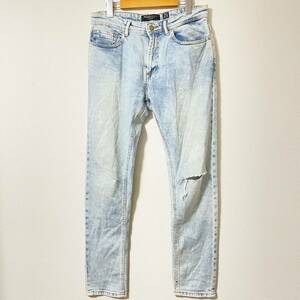 【Bershka Denim】ベルシュカデニム スリムフィット ウォッシュ加工 ダメージ加工 デニムパンツ ブルー系 メンズ サイズ38/11527AA