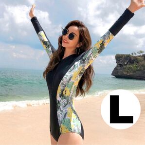 レディース水着 長袖 サイド花柄 オールインワン スイムウェア 体型カバー L