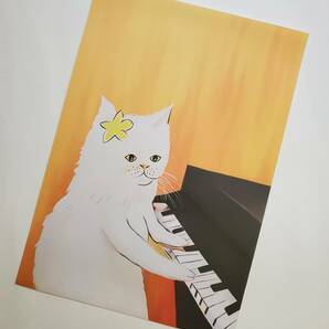 北欧調 猫のポスター キャンパスアート A4サイズ フレーム付き 白猫 A9 ピアノ 猫の雑貨 HANAKOの画像3