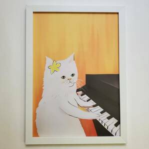 北欧調 猫のポスター キャンパスアート A4サイズ フレーム付き 白猫 A9 ピアノ 猫の雑貨 HANAKOの画像2