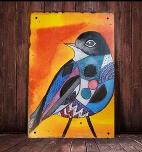 ブリキ看板　HANAKO　レトロ　鳥の看板　G5　カラフルな鳥　青い鳥　ヒガラ　ウェルカムボード　鳥の雑貨