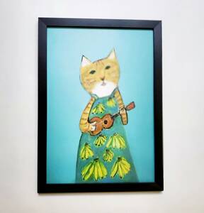 北欧調　猫のポスター　キャンパスアート　A4サイズ　フレーム付き　茶トラ A8　ウクレレ　猫の雑貨　HANAKO