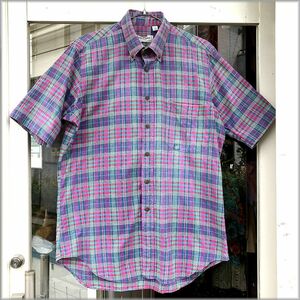 ★Paul Stuart　ポールスチュアート　80s 90s　USA製　マドラスチェック　ボタンダウン　半袖シャツ　size M★検 ビンテージ 古着 トラッド