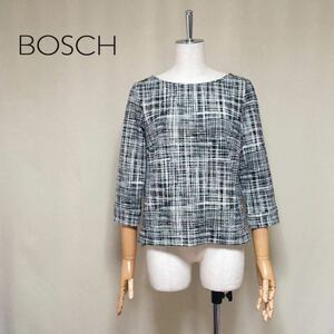 【極美品】BOSCH ボッシュ ジャガードチェック プルオーバー カットソー 38/Mサイズ相当 ブラウス ブラック×アイボリー レディース 日本製