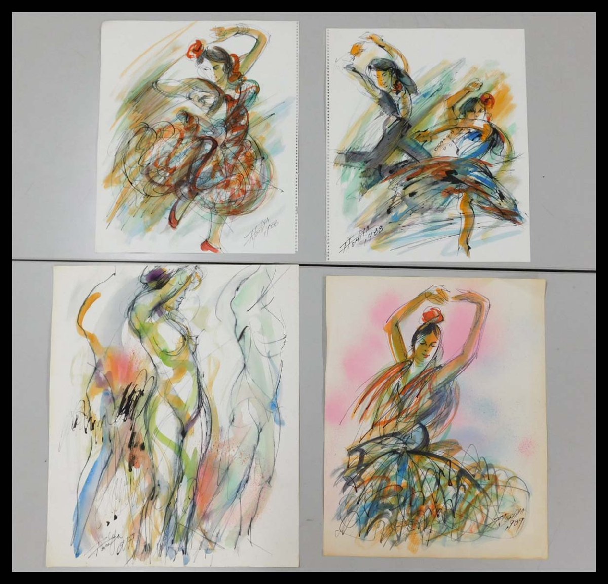 Ryusuke Tonguu Figure féminine Belle femme danseuse aquarelle peinture 4 feuilles seulement peintre d'expression de Paris artiste international ⑥w230647, ouvrages d'art, peinture, Peinture à l'encre