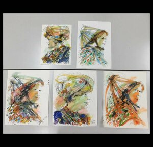 頓宮隆輔 女性図 美人画 踊り子 ダンサー 水彩画 5枚 シートのみ パリの表情画家 海外活躍作家⑤w230646