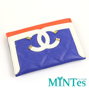 Chanel シャネル CCフィリグリー A81457 ブルー×ホワイト×レッド キャビアスキン レディース 女性 カードケース 小物入れ コインケース