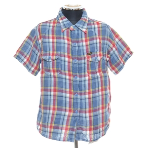 *460855 Pherrow's Fellows * gauze shirt work shirt size L cotton linen men's blue check 