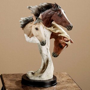3匹の野生の馬彫刻 ブラウン、ブラック、ウィート 馬の頭部胸像 寝室 リビング 本棚 アート工芸 贈り物 輸入品