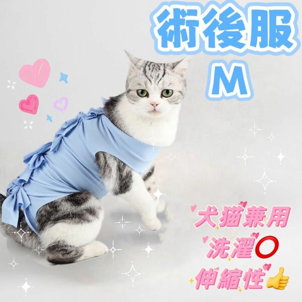 【M ブルー】猫犬　ねこ　術後服　エリザベスウェア　ペット　傷舐め防止 避妊手術,