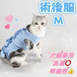【M ブルー】猫犬　ねこ　術後服　エリザベスウェア　ペット　傷舐め防止 避妊手術!
