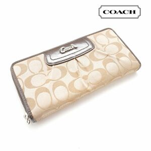 COACH コーチ 長財布 シグネチャー 総柄 ラウンドジップ レザー キャンバス地 茶色 ブラウン @WC6