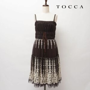 美品 TOCCA トッカ 刺繍 チュールフレアキャミソールワンピース 膝丈 裏地あり レディース こげ茶 ダークブラウン サイズ4*HC240