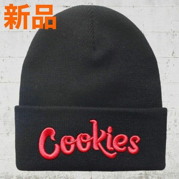 Cookies（クッキーズ） ニット帽　ビーニー　キャップ　ブラック×レッド