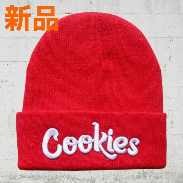 Cookies（クッキーズ） ニット帽　ビーニー　キャップ　レッド×ホワイト