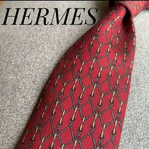 HERMES ブランドネクタイ ワインレッド シルク100% チェーン 総柄