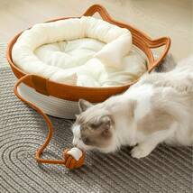 ここもも 猫ベッドのオールシーズン対応ニット製：高級おしゃれ猫家具、大型猫・多頭飼い向け、おもちゃボール付き_画像2