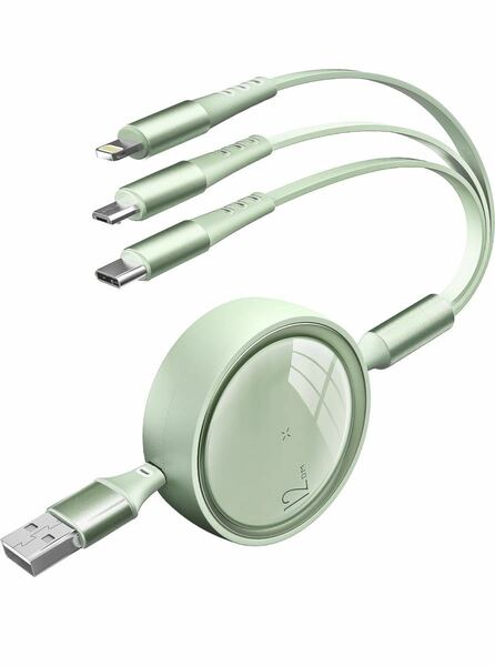 充電ケーブル 3in1 巻き取り式 コード 3A急速充電 3in 1 USB Type C Micro 充電ケーブル 3台同時充電 超高耐久 ライトニングケーブル　緑