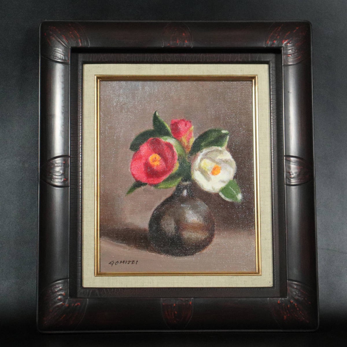 [Authentic] ■ Teishiro Gomi ■ Red and White Camellia Bizen Jar Oil painting/Authentic guaranteed 230807007, Painting, Oil painting, Still life