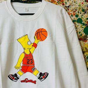 シンプソンズ ジョーダン ポーズ 長袖 トレーナー メンズ L XL ホワイト お洒落 個性的 NBA ブルス マイケルジョーダン