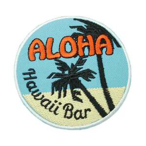 ★新品 ハワイ Hawai Aloha デザイン 丸形 ヤシの木 ロゴ 水色 ワッペン アイロン 簡単貼り付け アップリケ 刺繍