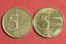 ベルギー　5フラン　2枚セット　1994・96年　24mm　コイン 硬貨_画像1
