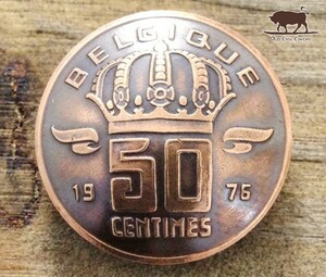 ◆コンチョ ネジ式　ベルギー　50サンチーム　王冠　19mm ネジ ボタン コイン パーツ