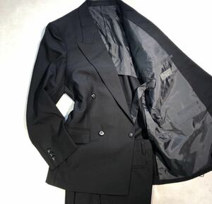 新品【サイズY6 L★高級礼服】4Bダブルスーツ 漆黒フォーマル 背抜き ノーベンツ 1タック アジャスター付き セットアップ 喪服 ウール100