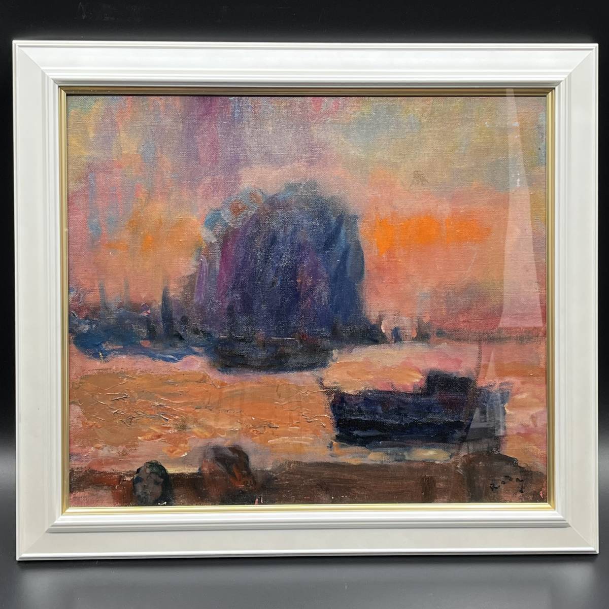 [Framed] Oil painting by Ryu Oda Fishing Port Twilight F10 Original painting ☆Box and signature included☆, Painting, Oil painting, Nature, Landscape painting