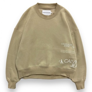 美品 国内正規 Calvin Klein Jeans カルバンクライン ジーンズ 裏起毛 クルーネック プリント スウェット トレーナー ショート M ベージュ