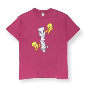 90s USA製 WARNER BROS ワーナーブラザース Tweety トゥイーティー Looney Tunes 半袖 プリント Tシャツ ロゴ 丸首 KIDS XL ピンク