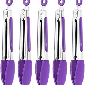 【未使用品】紫パープル5個セット キッチントングシリコンチップ付きミニシリコントング小さなサービングトングサラダ