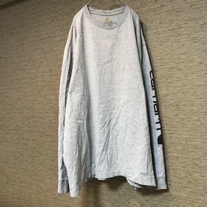 カーハート ロンT　グレー　袖ロゴデカロゴ　2XLビッグサイズ　長袖Tシャツ13 古着　入手困難　激レア　希少 人気 ワンポイントロゴ