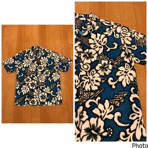 良品☆HAWAII製／70-80s Winnie Fashion サイズL 希少.縮緬ちりめん染め生地・半袖ビンテージアロハシャツ　ハワイアン&模様 染み込み総柄!