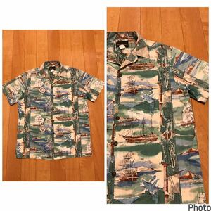 良品☆USA製／80-90s Hawaiian Flavor サイズM大き目 半袖ビンテージ開襟アロハシャツ　耳付き裏使い生地・バイキング船&鯨&イカリ他総柄！